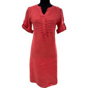 Mooi 100% linnen jurk met korte mouwen - broderie - knoppen - elastische rug - ROOD kleur - maat 42