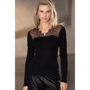 Nina von C - Kanten Merino Wollen Shirt - Zwart - Lange Mouw - V-hals
