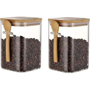 2 Stuks Vierkante Glazen Opbergpotten Met Bamboe Deksels En Lepel, Verzegelde Voorraadpot, Doorzichtige Bus, Graangranentank, Blikjes Voor Koffiebonen, Suiker, Kruiden En Specerijen (1000ML)
