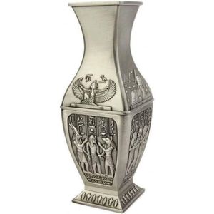 Egyptische vaas 18 cm - decoratieve stalen vaas zilveren kleur binnendecoratie Egypte - met Anubis, Horus, Isis vleugels, sfinx - origineel cadeau-idee souvenir