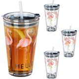 Relaxdays glas met rietje en deksel - 4 stuks - flamingo print - 450 ml - vaatwasserbestendig - transparant