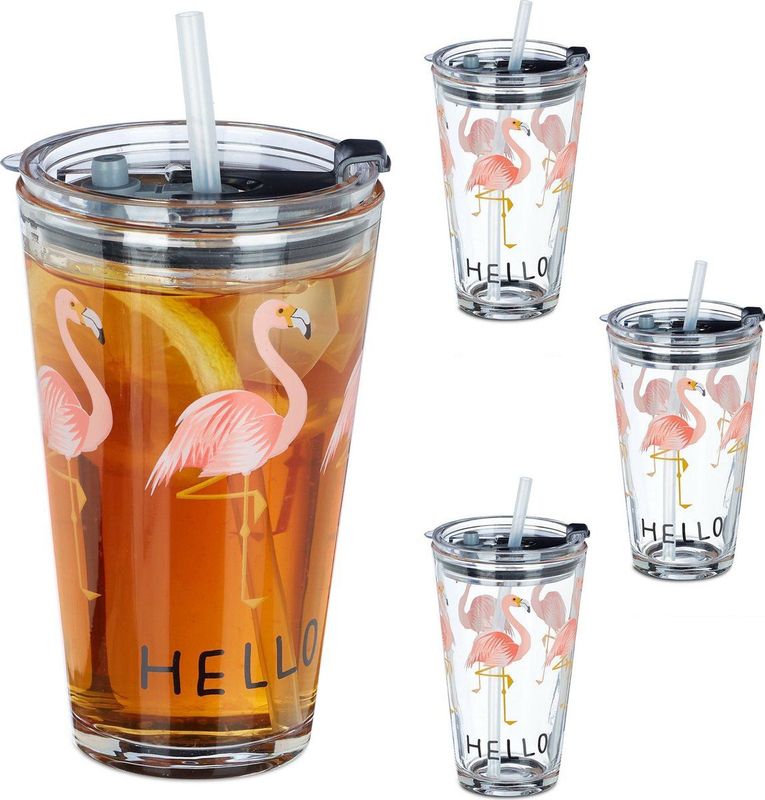 Relaxdays glas met rietje en deksel - 4 stuks - flamingo print - 450 ml - vaatwasserbestendig - transparant