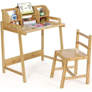 Hanimo Kinderbureau met stoel - Kinderbureau - Kindertafel - Kinderbureaustoel - In Hoogte Verstelbaar - Met Opbergruimte - Bamboe - 95x80x50cm - 3-10 Jaar