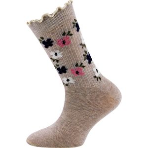 Ewers Kindersokken Meisjes - Bloemetjes en Fijne Rib - Ruche Randje - Beige-Ecru-23/26