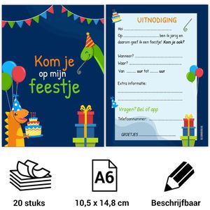 Uitnodiging kinderfeestje - Voordeelset 20 stuks - Beschrijfbaar - Uitnodigingskaarten - Uitnodiging verjaardag - uitnodiging verjaardag feest - Uitnodiging kinderfeestje meisje of jongen - Uitnodiging feestje - uitnodigingen - Dino blauw