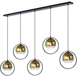 Moderne Hanglamp Aureo | 5 lichts | goud / zwart | glas / metaal | Ø 20 cm | in hoogte verstelbaar tot 140 cm | eetkamer / eettafellamp | modern / sfeervol design