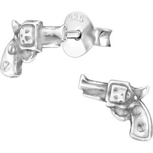 Joy|S - Zilveren pistool oorbellen - 8 x 6 mm - geoxideerd - oorknoppen