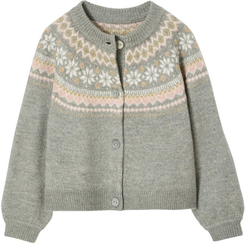 Jacquard - Meisjesvest - Groengrijs - Met Fantasiebreiwerk en Glimmende Draad