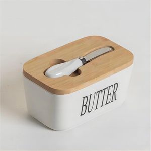 Botervloot - Boterbakje - Wit - Boterschaal - met bamboe deksel - Incl. botermes - Keramiek - 16.5x10x7.8