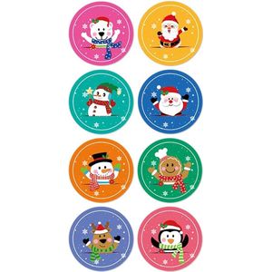 40 Kerst Stickers / Merry Christmas - 5 Stuks per motief - Kerstman Sneeuwpop Gingerbread Beer Rendier Pinguïn - Blauw Oranje Groen Roze - Doorsnede 2,5 cm - Nummer 10