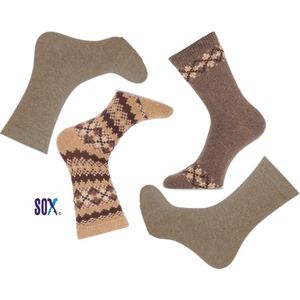 SOX superzachte warme fijne Noorse wollen sokken met Scandinavische wintertekeningen in Beige mix en effen 4 PACK 37/42