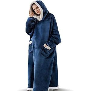 Extra lange hoodie deken sweatshirt, super warm en gezellig grote deken hoodie, draagbare dikke flanellen deken met mouwen en handige zakken voor vrouwen en mannen, Blauw, XXL/3XL