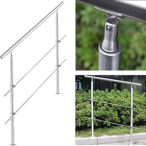 Trapleuning - Roestvrij Stalen - 160cm - 2 Dwarsbalken - leuning voor binnen en buiten - In Hoek Verstelbaar Trapleuningen - met Kogelring en 2 Palen - voor Trap Balkon Terras Borstwering - Ø 42 mm