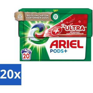 20 x Ariel +Ultra - Vlekverwijderaar & Wasmiddelcapsules - Pods+ - Witte en Gekleurde Was - 20 Wasbeurten - Ultra - Koud Water - Ecologische Verpakking - 20 Wasbeurten