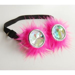 KIMU Goggles Steampunk Bril - Roze Bont Montuur - Caleidoscoop Glazen - Fluffy Spacebril Nepbont Fake Fur Pluche Burning Man Kaleidoscope Festival