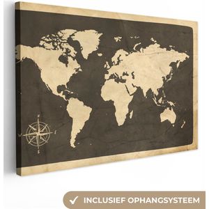 Canvas Wereldkaart - 150x100 - Wanddecoratie Wereldkaart - Kompasroos - Vintage