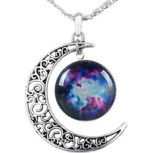 Fako Bijoux® - Ketting - Cabochon - Maan - Blauw/Paars/Wit