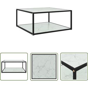 vidaXL Salontafel 80x80x35 cm - Wit Geh. Glas Salontafel - Twee Niveaus - Houten Tafel - Glazen Tafel - Wit Meubilair