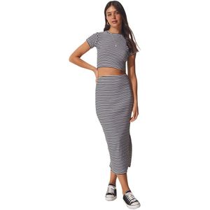 Happinessistanbul Dames Zwart-Wit Zomeromslaggebreide Gebreide Blouse En Rokpak Mw00123