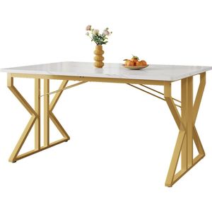 Merax Eettafel 119x70 cm - Marmerlook Tafelblad met Gouden Metalen Poten - Stabiel en Elegant - Wit met Goud
