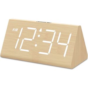 Digitale houten wekker met grote cijfers, USB-oplader, instelbaar volume en dimmer