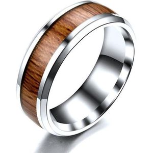 Ring Heren Zilver kleurig ingelegd met Hout - Staal - Ringen Mannen Dames - Vaderdag Cadeau Geschenk - Mannen Cadeautjes Accesoires