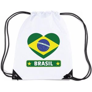 Brazilie nylon rijgkoord rugzak/ sporttas wit met Braziliaanse vlag in hart