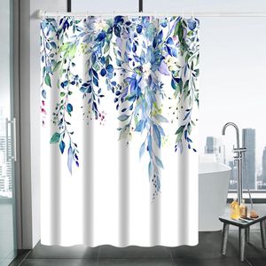 Douchegordijn, bloemen, douchegordijnen, antischimmel, textiel, waterdicht, 180 x 180 cm, met 12 haken, gewogen zoom, voor badkamer en bad (blauw)