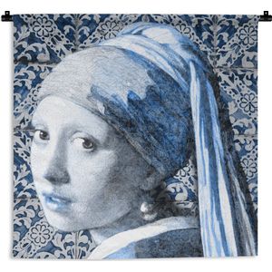 Wandkleed - Wanddoek - Meisje met de parel - Johannes Vermeer - Delfts blauw - 120x120 cm - Wandtapijt