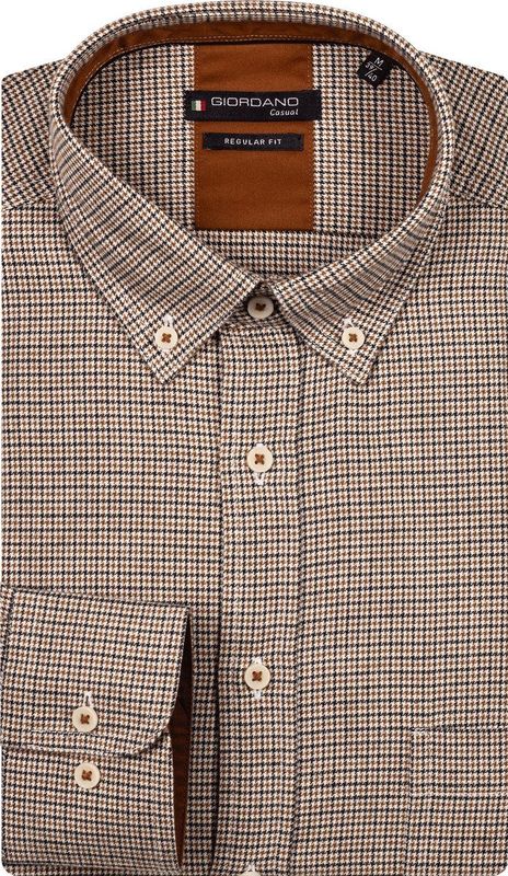 Giordano - Overhemd - Donkerbruin - Pied De Poule - Lange Mouw - 100% Katoen