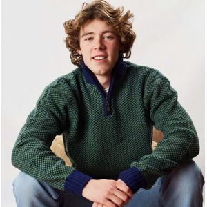 Osborne Knitwear Trui met rits heren - Lamswollen schipperstrui heren - sweater heren met rits - Watercress/Dark Cobalt - M