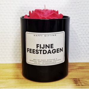 Fijne feestdagen - Soja was geurkaars - Rode roos - Kaarsglas glanzend zwart - Vanille geur - 250 gram - 50 branduren - Geurkaars - Kaars - Kaars met tekst - Soja was – Soy wax – Handgemaakt – Cadeau – Vanilla - Geschenk – Duurzaam - Kerst