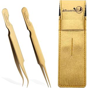 Handgemaakte gouden pincettenset met etui - nauwkeurige wimperverlenging - RB07 rechte punt - RB04 gebogen punt - wimperextensions