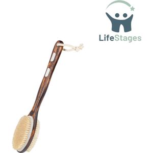 LifeStages - Dry Brush - Badborstel met Lange Steel - Rugschrobber voor Douche - Lichaamsborstel - Afdroogborstel - Rugschrobber - Houten Lange Steel - Natuurlijk Haar - Peeling Massage - Dubbelzijdige Borstelkop - Nat/Droog