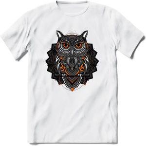 Uil - Dieren Mandala T-Shirt | Oranje | Grappig Verjaardag Zentangle Dierenkop Cadeau Shirt | Dames - Heren - Unisex | Wildlife Tshirt Kleding Kado | - Wit - 3XL
