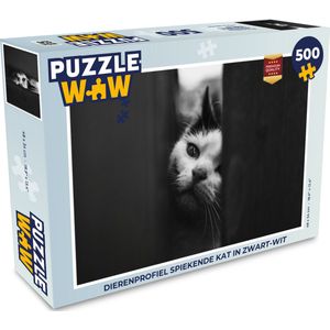Puzzel Dierenprofiel spiekende kat in zwart-wit - Legpuzzel - Puzzel 500 stukjes