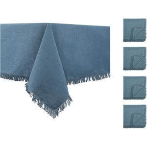OZAIA Set van tafellaken + 4 servetten met franje - Katoen - Blauw - 140 x 240 cm - POLA L 240 cm x H 0.2 cm x D 140 cm