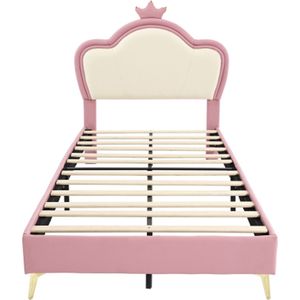 Gotagee Gestoffeerd bed, kinderbed, hoofdbord met kroon, metalen bedpoten, gestoffeerd hoofdbordprofiel, eenpersoonsbed, PU, roze+wit, 90x200cm