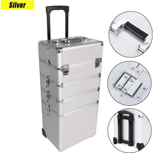 Roxana® Make Up Trolley - Make Up Koffer Met Wielen - Zilver - 4 In 1 - Cosmetica