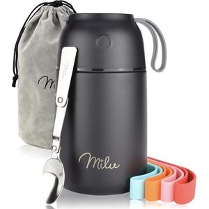 Milu® Thermos Voedselcontainer met Lepel | 450 ml, 650 ml, 800 ml | RVS | Thermosbeker, Thermo Lunchbox, Babyvoeding, Container om eten warm te houden, Thermische Lunchpot, Muesli To Go / Yoghurt Beker To Go, Zwart, 650ml