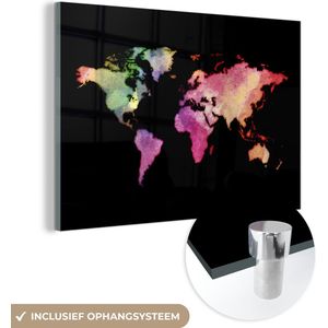 MuchoWow® Glasschilderij 90x60 cm - Schilderij acrylglas - Wereldkaart - Regenboog - Waterverf - Foto op glas - Schilderijen