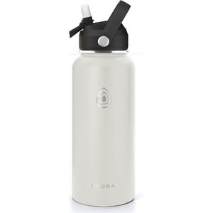 Drinkfles Roestvrij Staal 1000ml - Elegant Silver - 1L RVS Waterfles Zilver / Gebroken Wit - Outdoor - Verpakking inclusief dop met rietje, draaidop, schoonmaakborstel - min. 24u warm - 24u koud - Hydra.