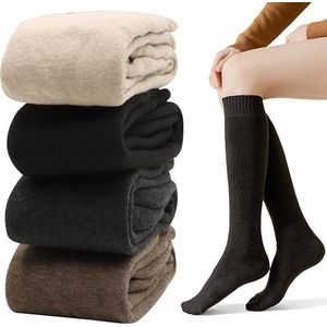 4 paar wintersokken voor dames tot over de knie – warme gebreide damessokken, met fleece gevoerde over de knie sokken voor de herfst en winter, verkrijgbaar in zwart, grijs, bruin en havermout.