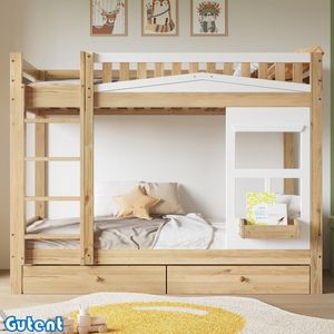 Gutent Kinderstapelbed - met Relingen - Twee laden - den + MDF - Wit + Naturel - 90x200 cm - Geen matras