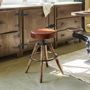 Kruk - Industrieel Design - Mangohout en IJzer - Leren Bekleding - Antiek-Finish