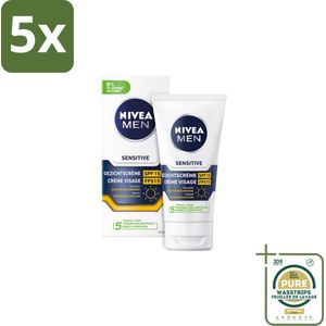 5 x NIVEA MEN - Sensitive - Gezichtscrème met SPF 15 - 75 ml - Grootverpakking - Gevoelige Huid - Gevoelige Mannenhuid - Gezichtscrème - SPF 15 - Alcoholvrije Crème