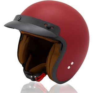 HSWHEEL Jethelm met UV-beschermend Vizier | Wasbaar & Verstelbaar | Scooterhelm & Motorhelm & Brommerhelm | Voor Heren & Dames | ECE 22.06 Goedgekeurd | Vintage Stijl | Robijnrood –XS