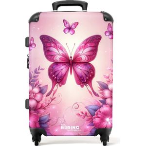 NoBoringSuitcases.com® - Roze kinderkoffer meisjes vlinder - Reiskoffer kinderen groot - 20 kg bagage