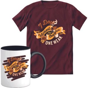 T-Shirtknaller T-Shirt met Koffiemok | 7 Days Without Coffee Makes 1 Weak - Koffie Kleding | Heren / Dames Shirt met Mok Cadeau | Kleur rood | Maat L