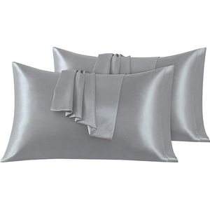 Set van 2 Satijn kussenslopen 50 x 90 cm , Zacht en Zijdig Bed Kussen Kussen Kussen Zilvergrijs, Envelop Sluiting, Anti-mijt en Hypoallergeen, Haar en Huid Bescherming tegen rimpels